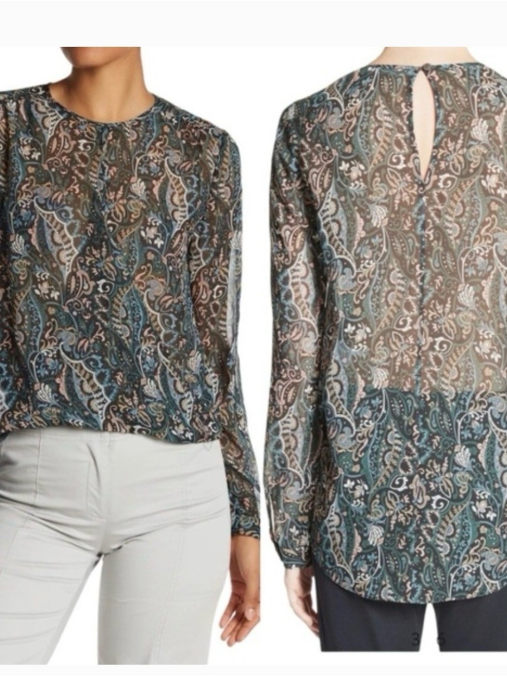 Veronica Beard Paisley Print Long-Sleeve Blouse - Teal Multi size 10